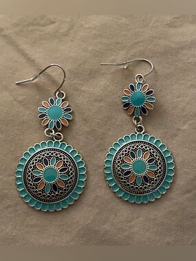 Boho Dangle Round Mandala Earrings Teal Green Peach Black 2”Hx1”W  Bohemian New